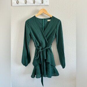 Altar’d State Emerald Green V Neck Wrap Tie Long Sleeve Mini Dress Ruffle Wicked